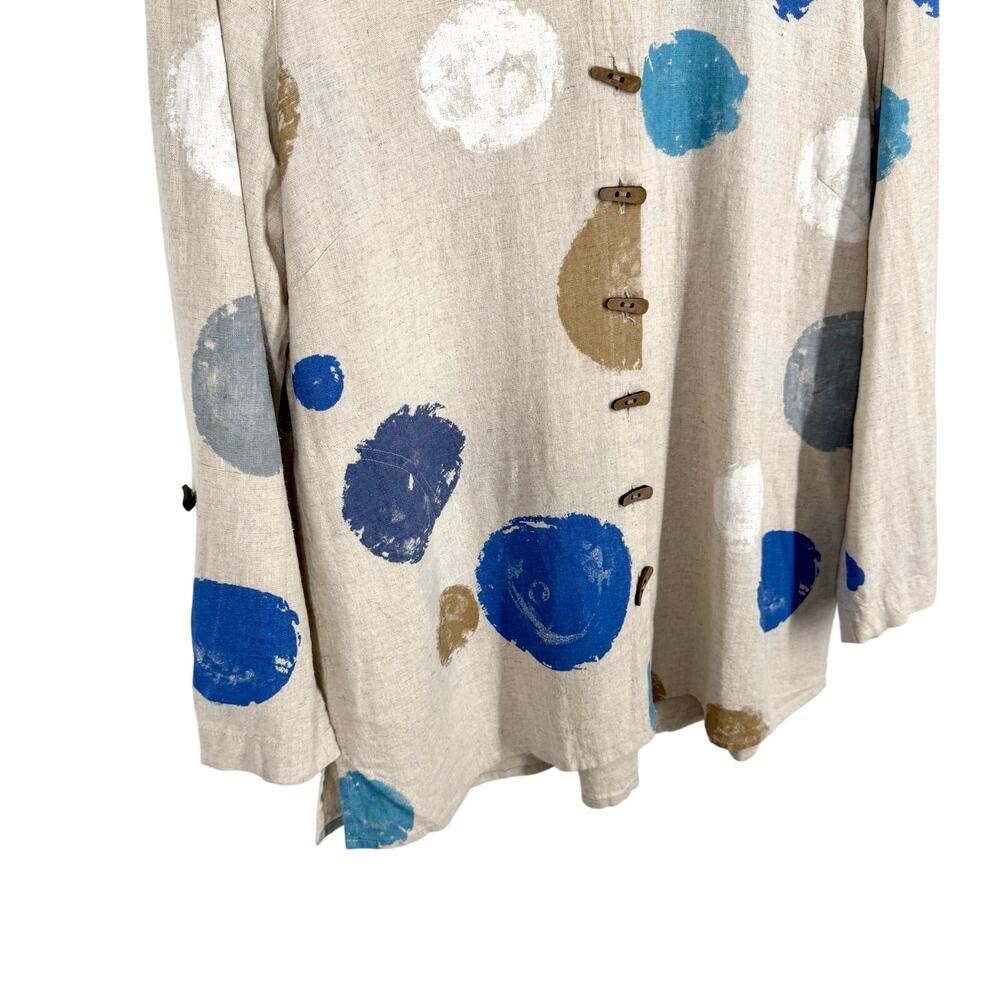 Ali Miles Sz Medium LINEN BLEND Blue Beige Wearable Art Beach Blouse Shirt Top - Picture 7 of 13